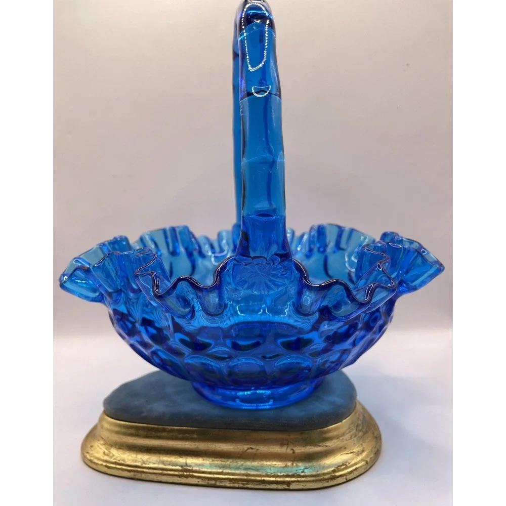 1950s Vintage Fenton Thumbprint Colonial Cobalt Blue Ruffled 8” Glass Basket